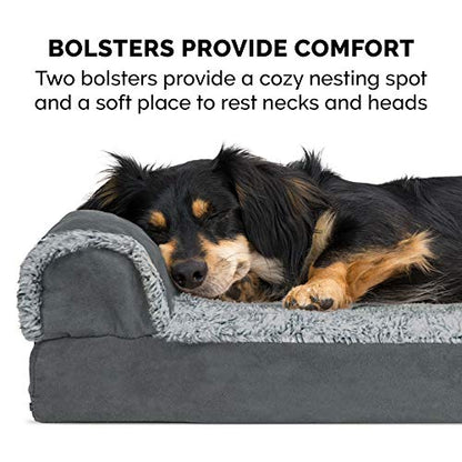 Feerway™ L-Shape Dog Sofa Bed | Medium Orthopedic Egg-Crate & Memory Foam Chaise with Removable Washable Faux-Fur & Suede Cover (Stone Grey)