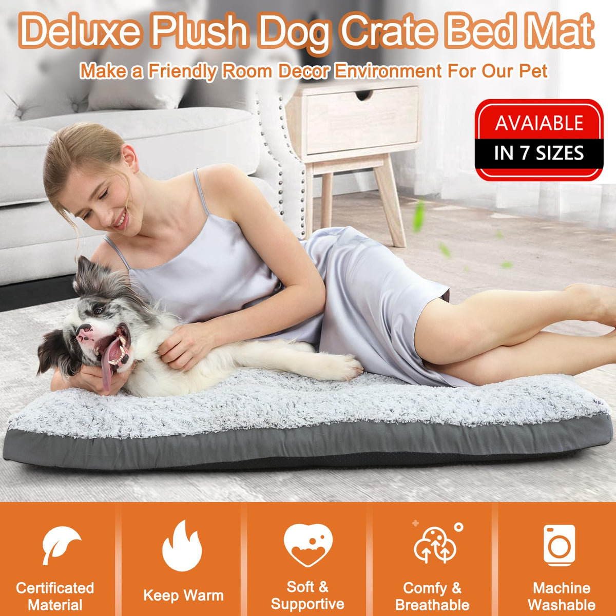 Feerway™ Deluxe Dog Bed | Washable Fluffy Crate Mat & Kennel Pad with Anti-Slip Base – Large (35" × 23", Grey)