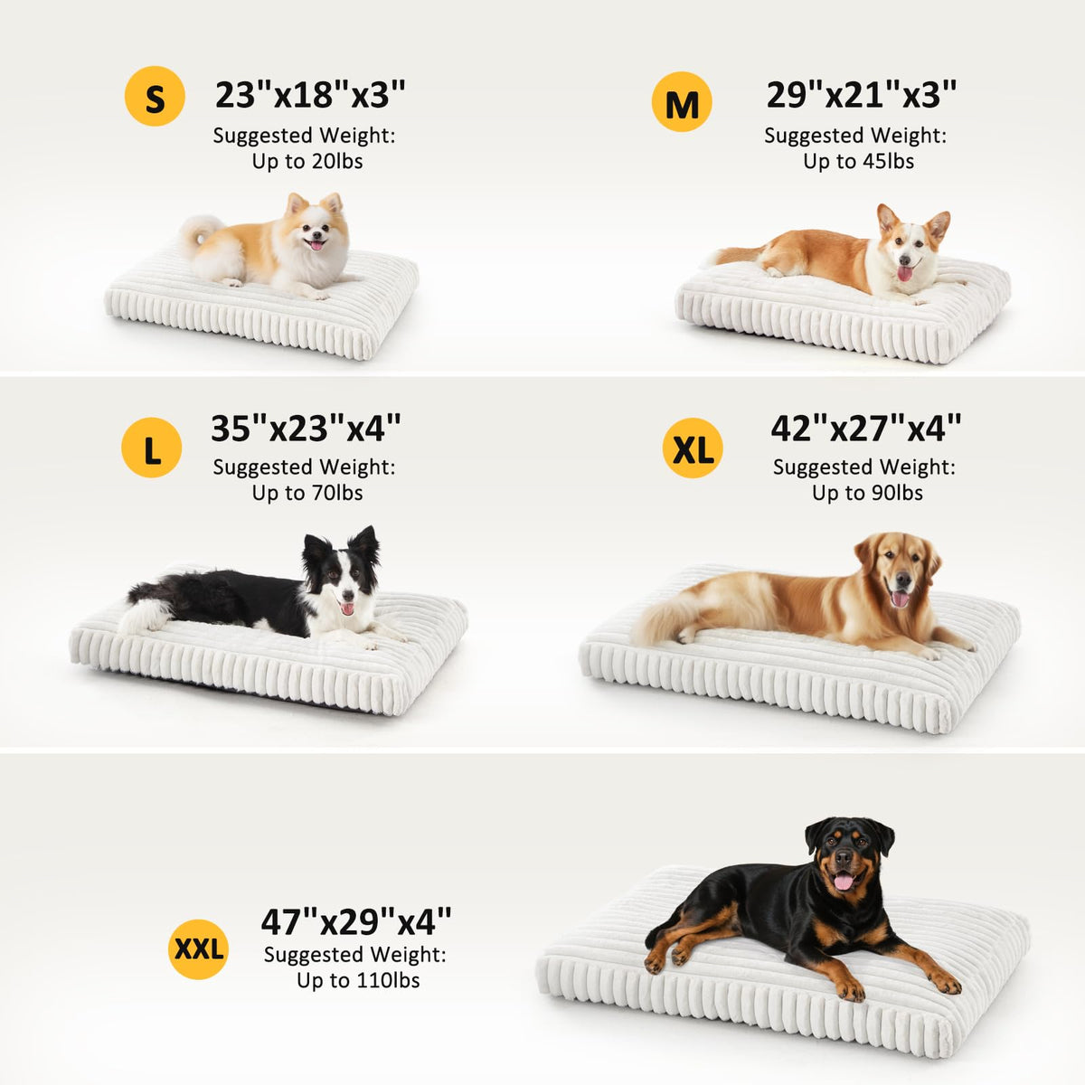 Feerway™ Large Dog Bed | 35" × 23" Flat Pet Mat with Thick Shredded Foam, Removable Washable Cover & Anti-Slip Bottom (Cream)