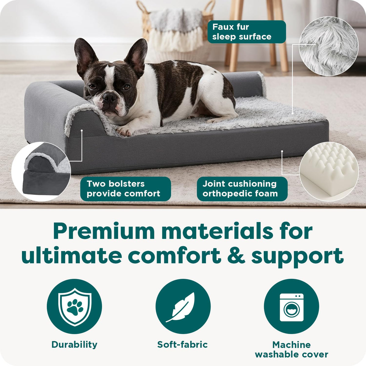 Feerway™ L-Shape Dog Sofa Bed | Medium Orthopedic Egg-Crate & Memory Foam Chaise with Removable Washable Faux-Fur & Suede Cover (Stone Grey)