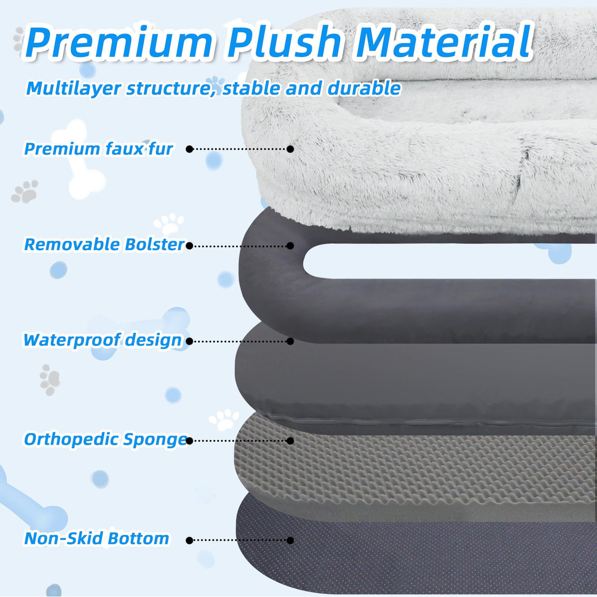 Feerway™ Human-Pet Lounger Bed | XXL 71" × 45" Orthopedic Faux-Fur Bed with Plush Pillow, Blanket & Carry Strap (Grey)