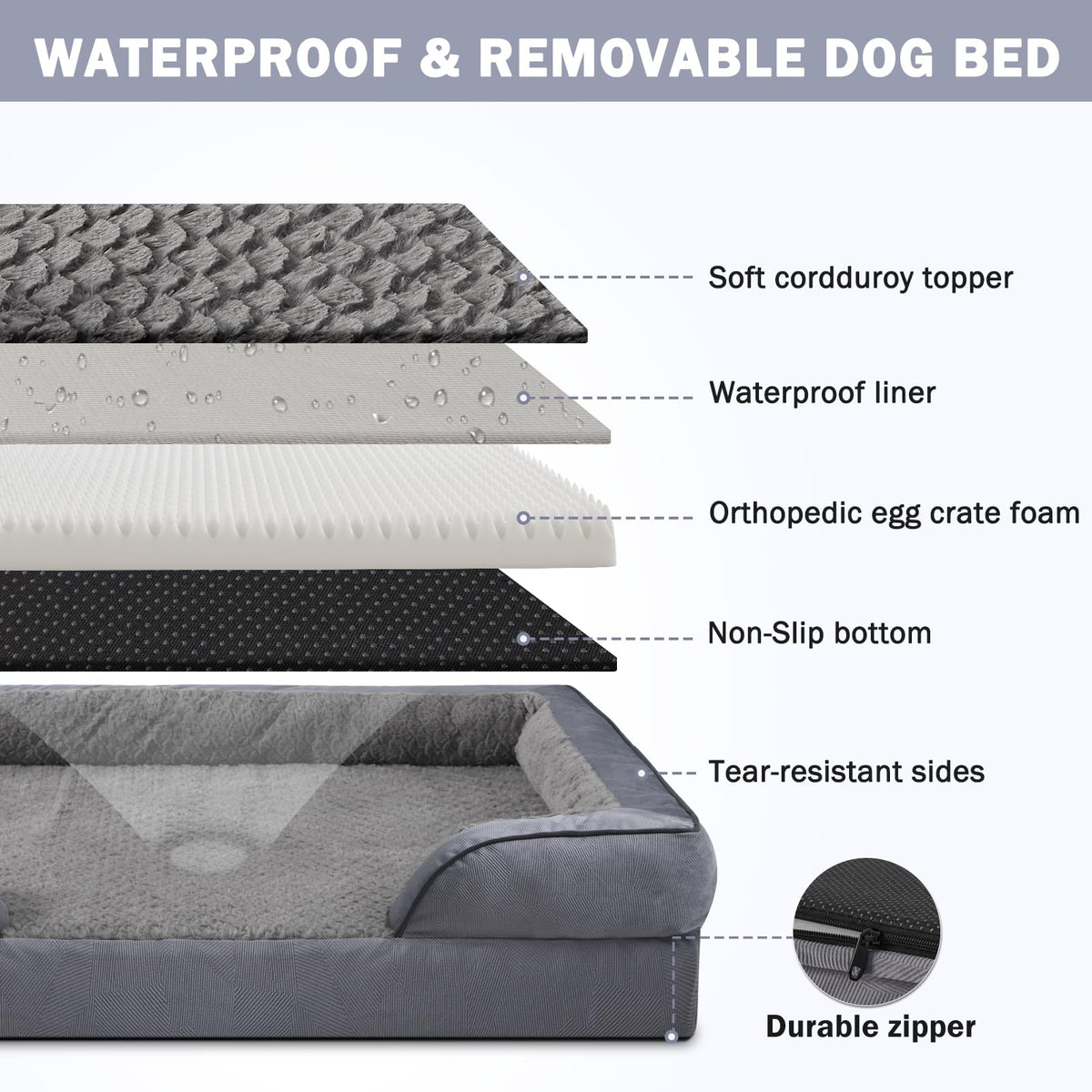 Feerway™ XL Dog Sofa Bed | Large Orthopedic Egg-Crate Foam Pet Couch with Waterproof Lining & Non-Slip Base – Washable Cover