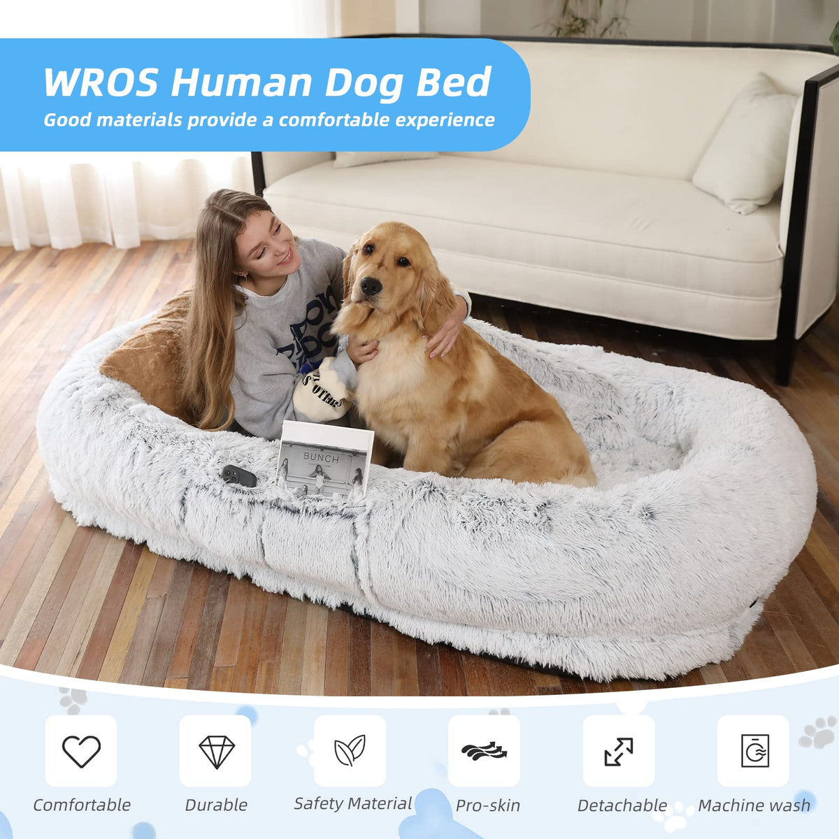 Feerway™ Human-Pet Lounger Bed | XXL 71" × 45" Orthopedic Faux-Fur Bed with Plush Pillow, Blanket & Carry Strap (Grey)