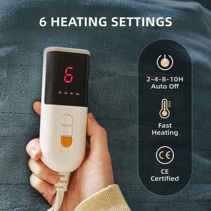 Electric Heated Blanket 130x160cm – 6 Heat Settings, Adjustable Timer (10H) | Machine Washable, Overheat Protection – Blue Throw