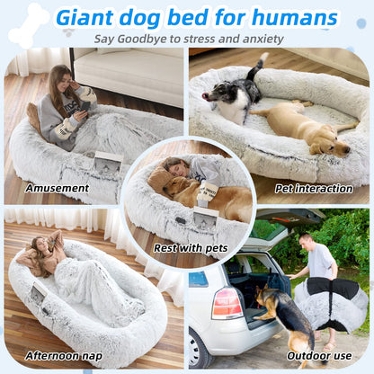 Feerway™ Human-Pet Lounger Bed | XXL 71" × 45" Orthopedic Faux-Fur Bed with Plush Pillow, Blanket & Carry Strap (Grey)