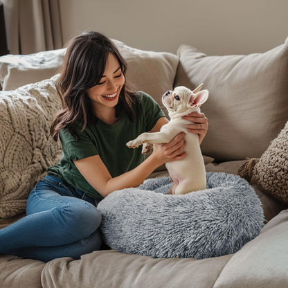 Feerway™ FluffyCalm™ Donut Pet Bed – 20" | Ultra-Soft Calming Round Bed for Small Dogs & Cats (Light Grey)
