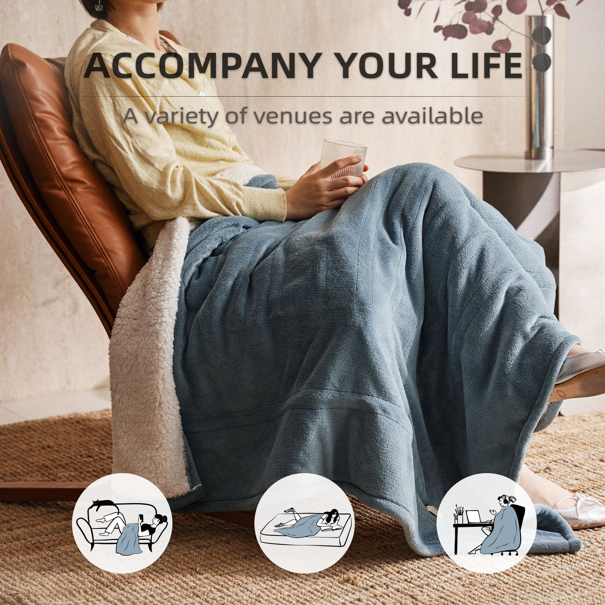 Electric Heated Blanket 130x160cm – 6 Heat Settings, Adjustable Timer (10H) | Machine Washable, Overheat Protection – Blue Throw