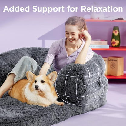 Luxury Warm Foldable 3-in-1 Human Dog Bed for Adults – Cozy Fluffy Faux Fur Lounge Sofa with Orthopedic Support